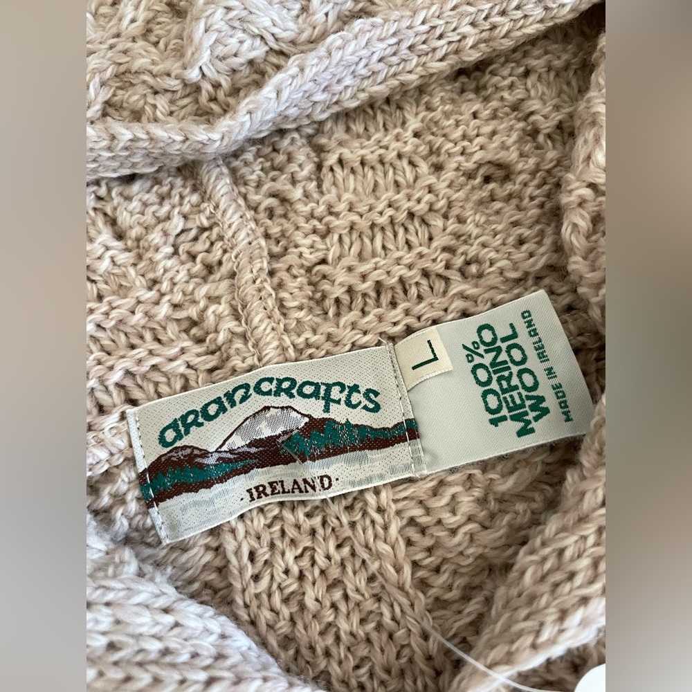 ARAN Ireland 100% Merino Wool Full Zip Sweater Coat Oatmeal L Chunky‎ Fisherman - Picture 10 of 10